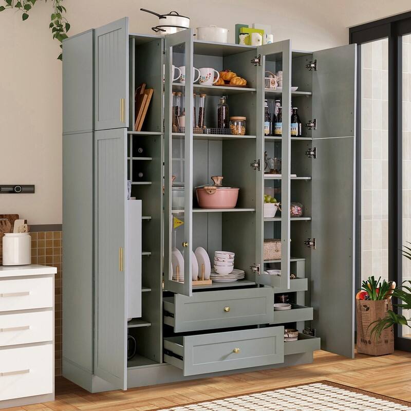 Modern 71" Tall Kitchen Pantry with Storage Cabinet, 6 Doors , Drawers, Adjustable Shelves,Pull-out Trays and Wine Rack
