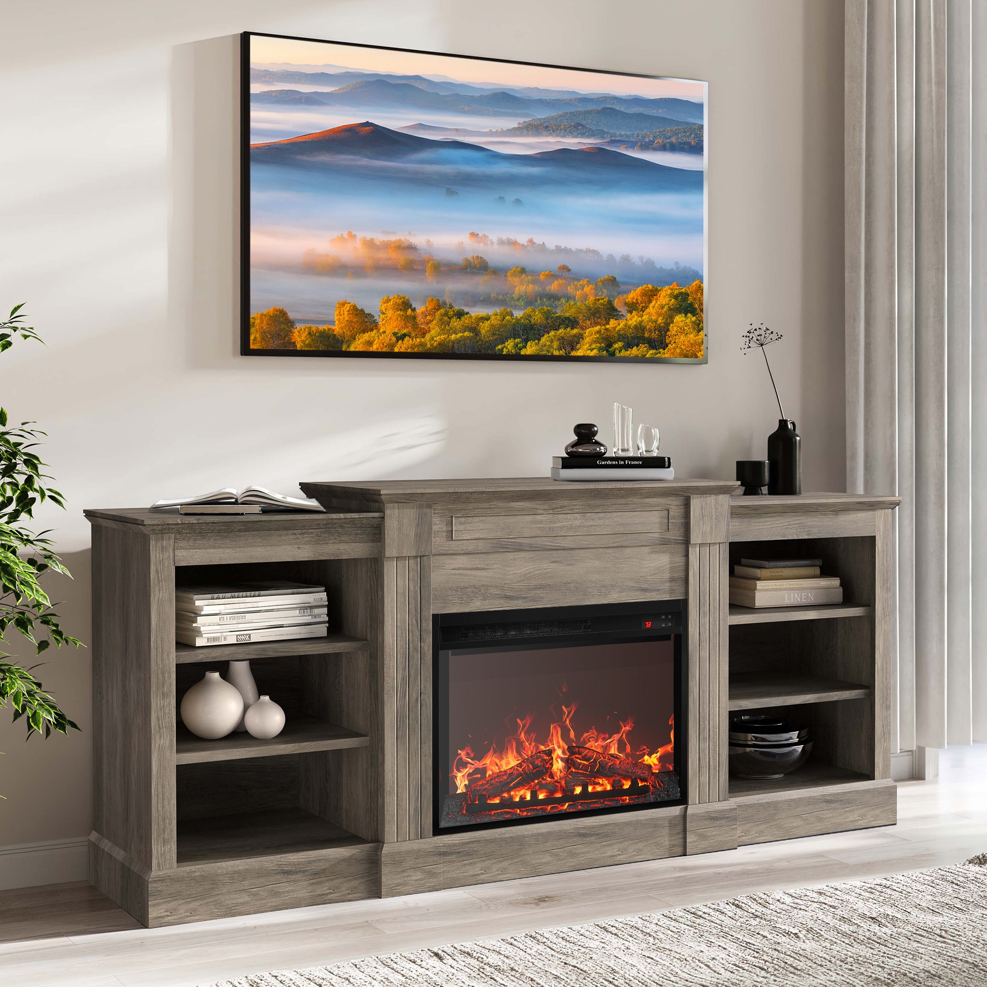 Copper grove gordon black color changing fireplace with clearance bookcases