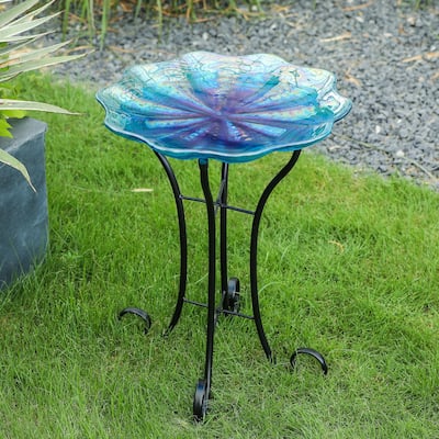 Blue Ripples Glass Bird Bath with Metal Stand