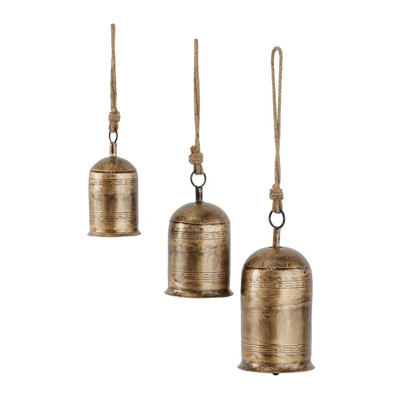 Gold, Gray, Bronze, Black or Red Metal Tibetan Inspired Decorative Cow Bells with Jute Hanging Rope (Set of 3)