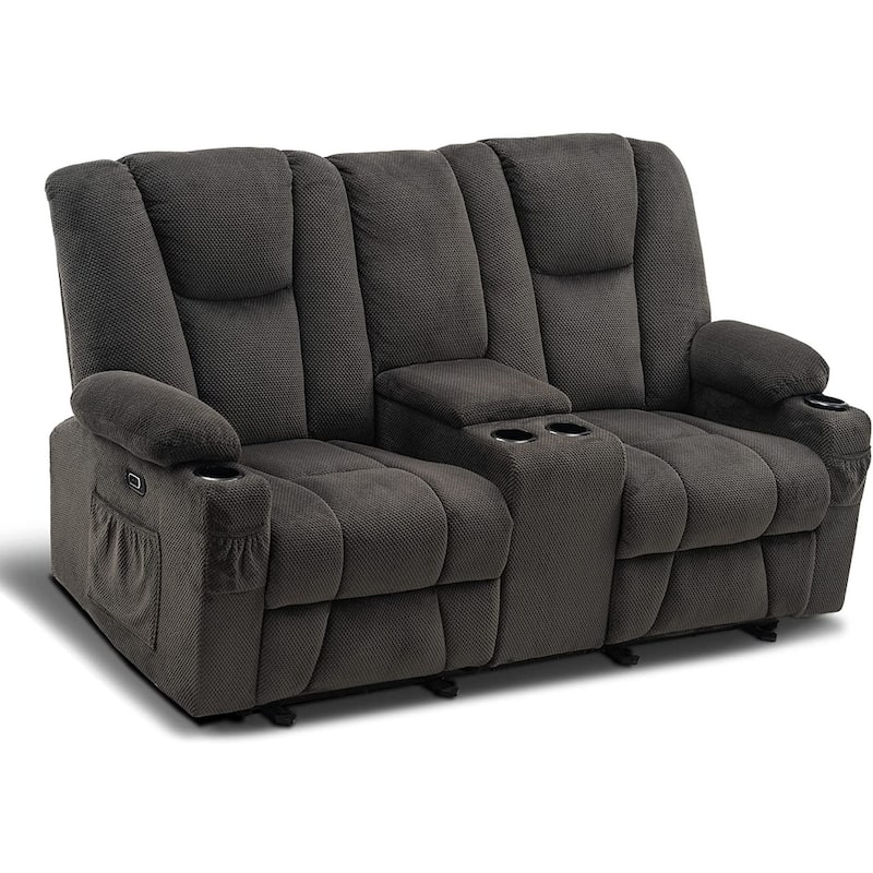 MCombo Electric Power Reclining Sofa with Massage and Lumbar Heat, Fabric 6015/6025/6035/6045 - Loveseat Recliner with Console - Grey