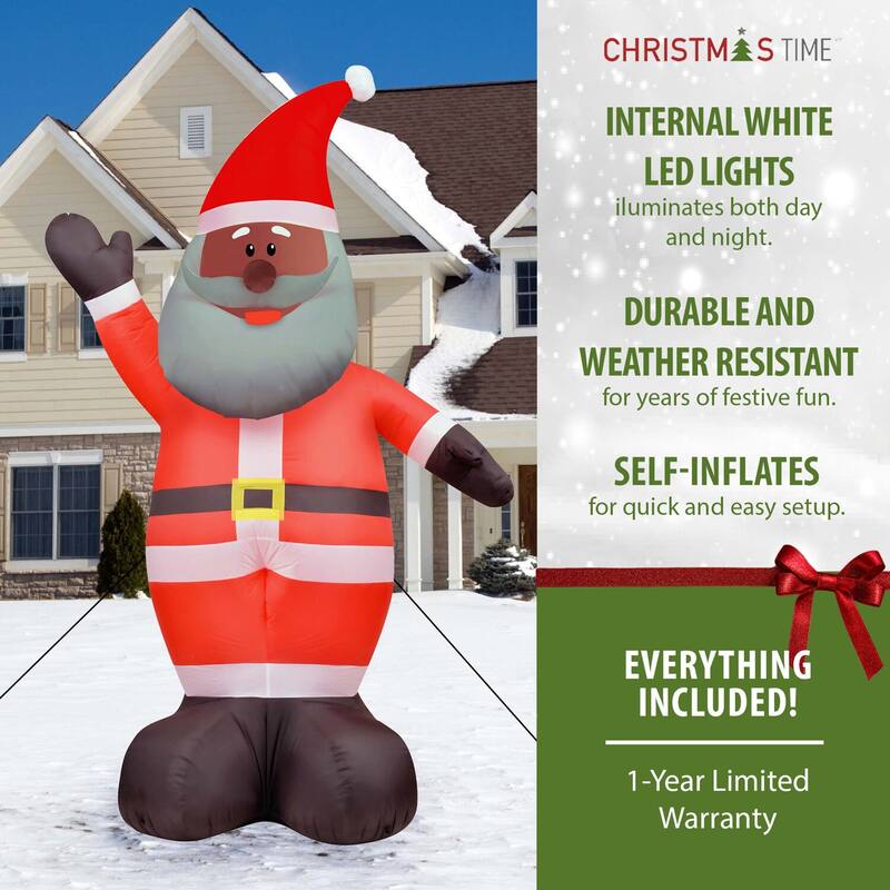 Christmas Time 12-Ft. Tall African American Santa Claus, Prelit Outdoor Christmas Inflatable with Storage Bag