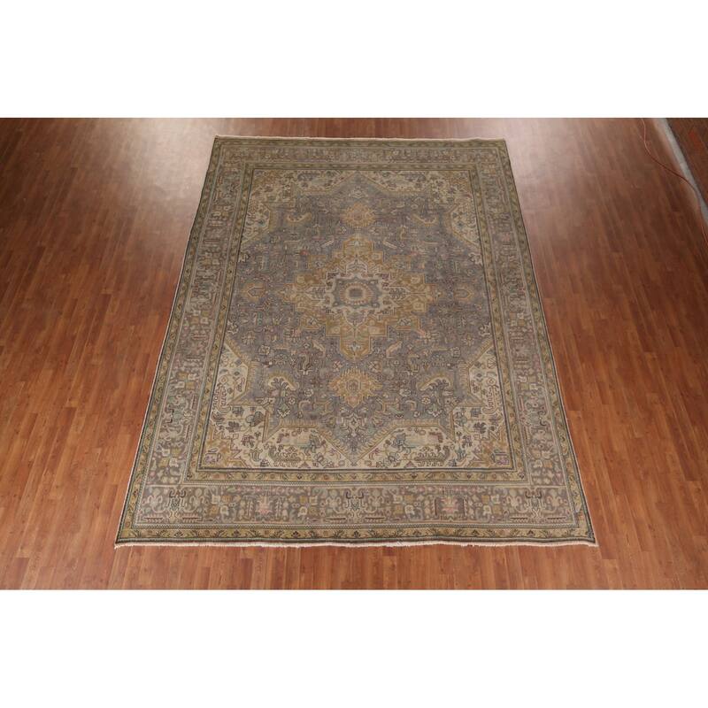 Gray Tabriz Persian Vintage Rug Hand-Knotted Medallion Wool Carpet - 9'8"x 12'9"