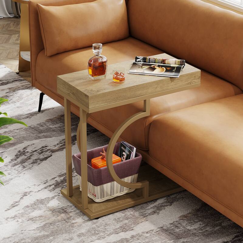 2 Tiers C Shaped Narrow End Chairside Table for Living Room