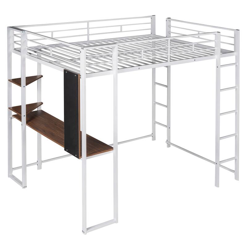 Full Size Metal Loft Bed with Desk and Shelves, Integrated Ladder and Guardrails