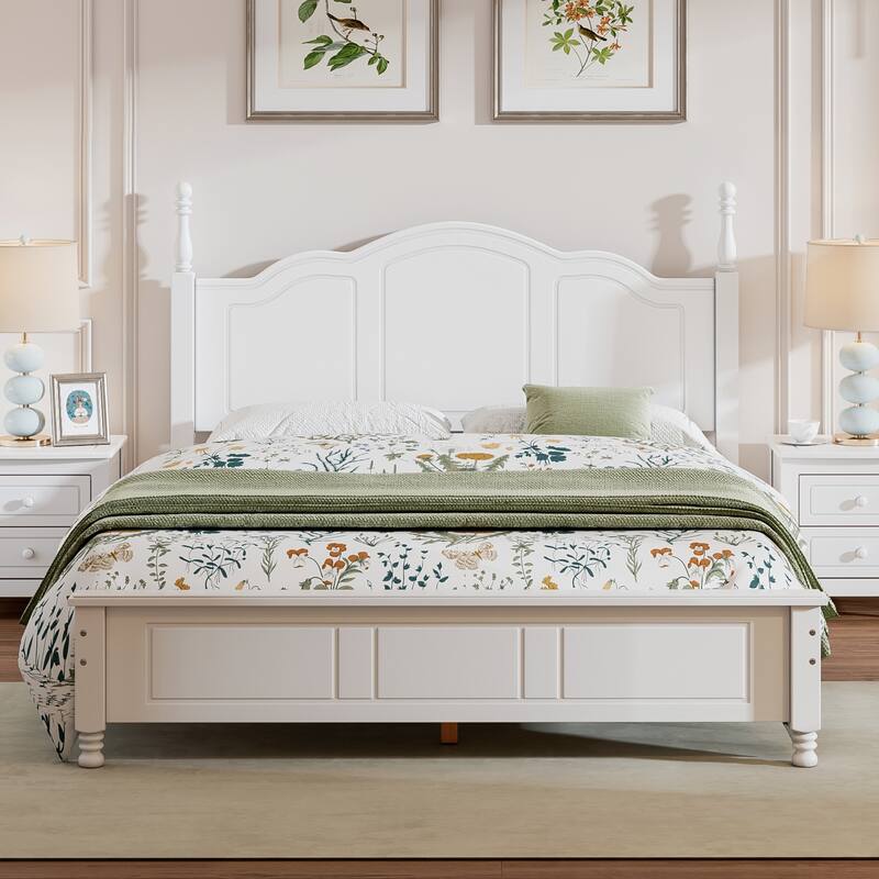 Queen Size Wood Platform Bed Frame,Retro Style Four Poster Bed - White - Queen