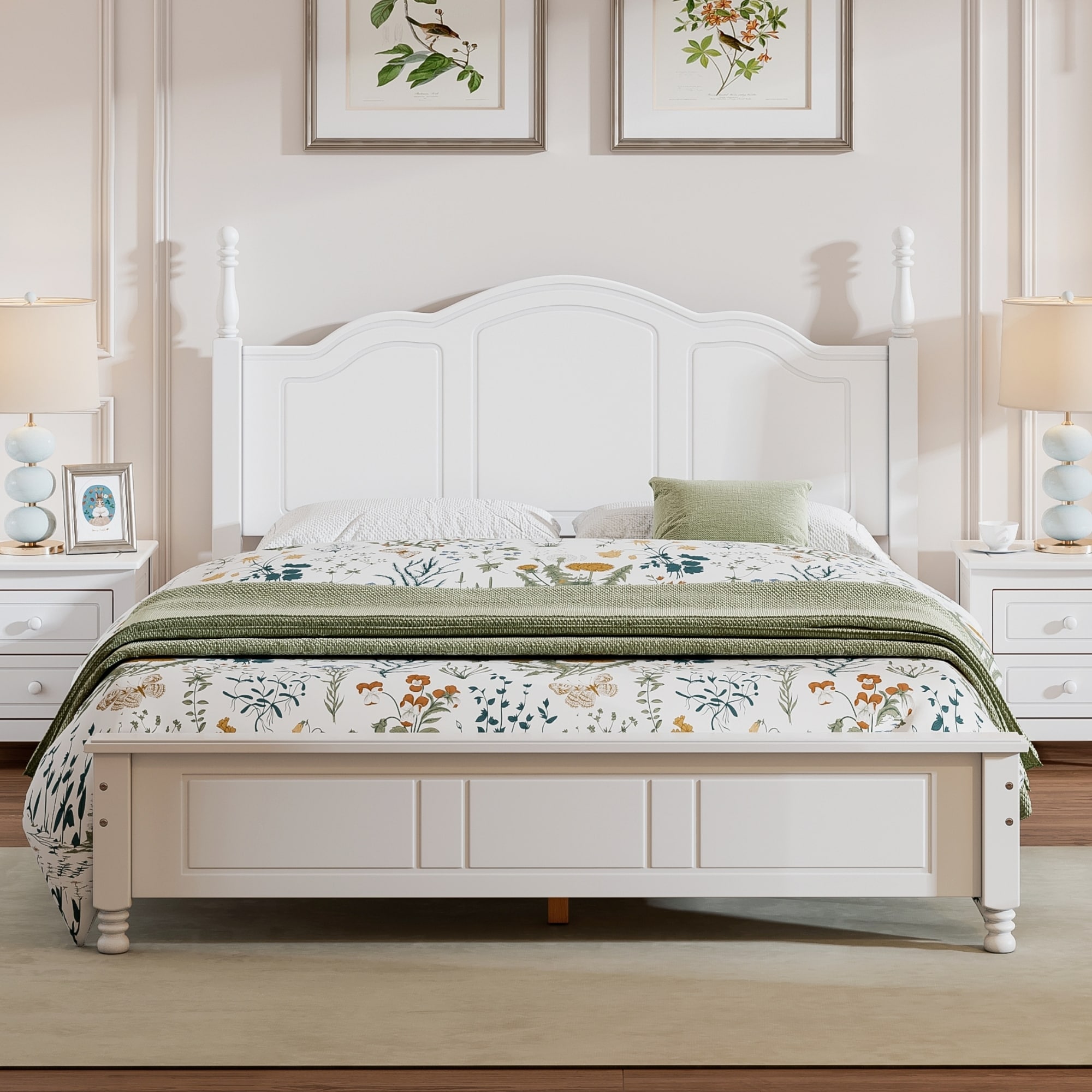 Retro Style Queen Size Platform Bed, Wood Platform Bed Frame with Solid Wooden Slat Support & Curved Headboard Panel Bed