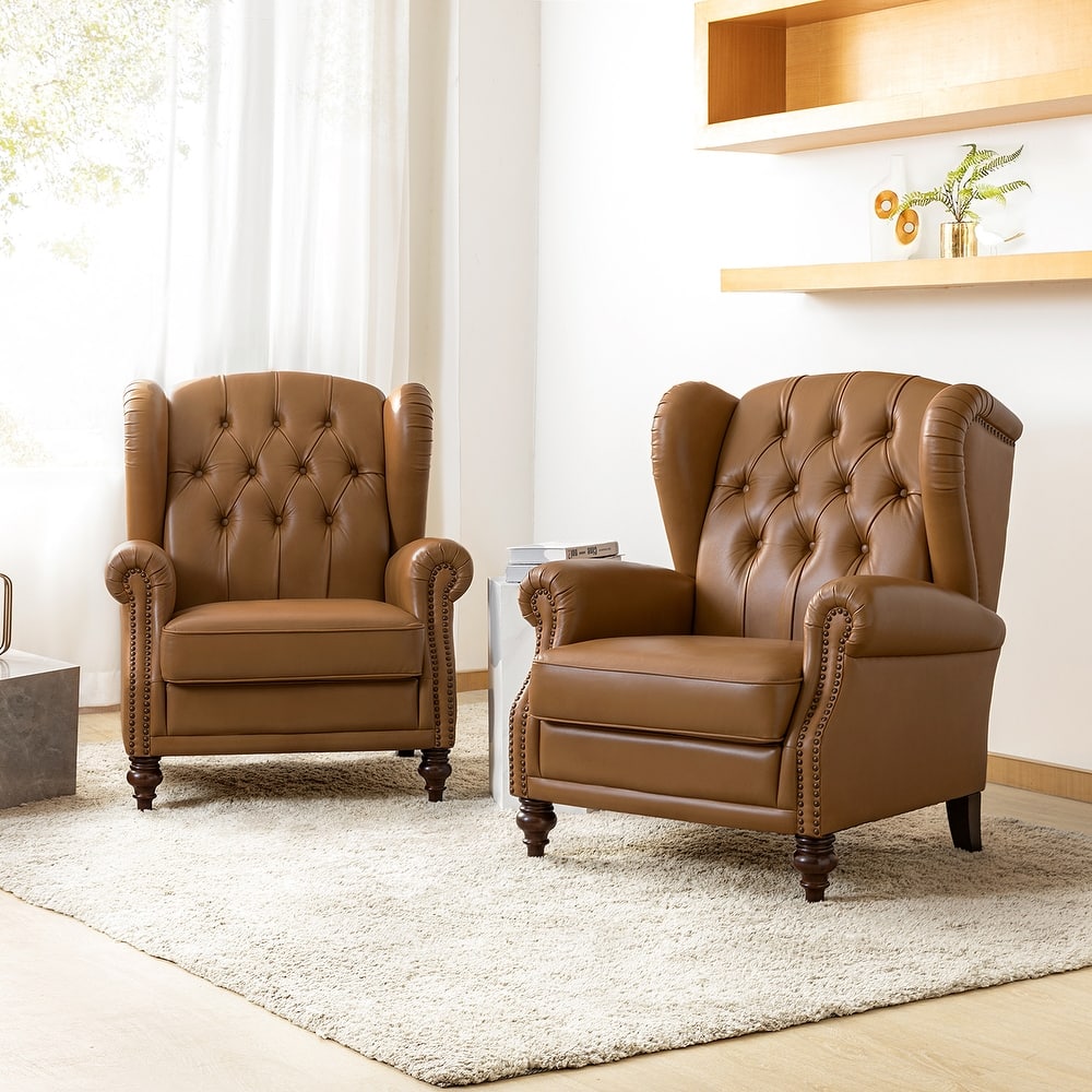 Alex Classic Wingback Leather Armchair with Nailhead Trim Set of 2 by HULALA HOME