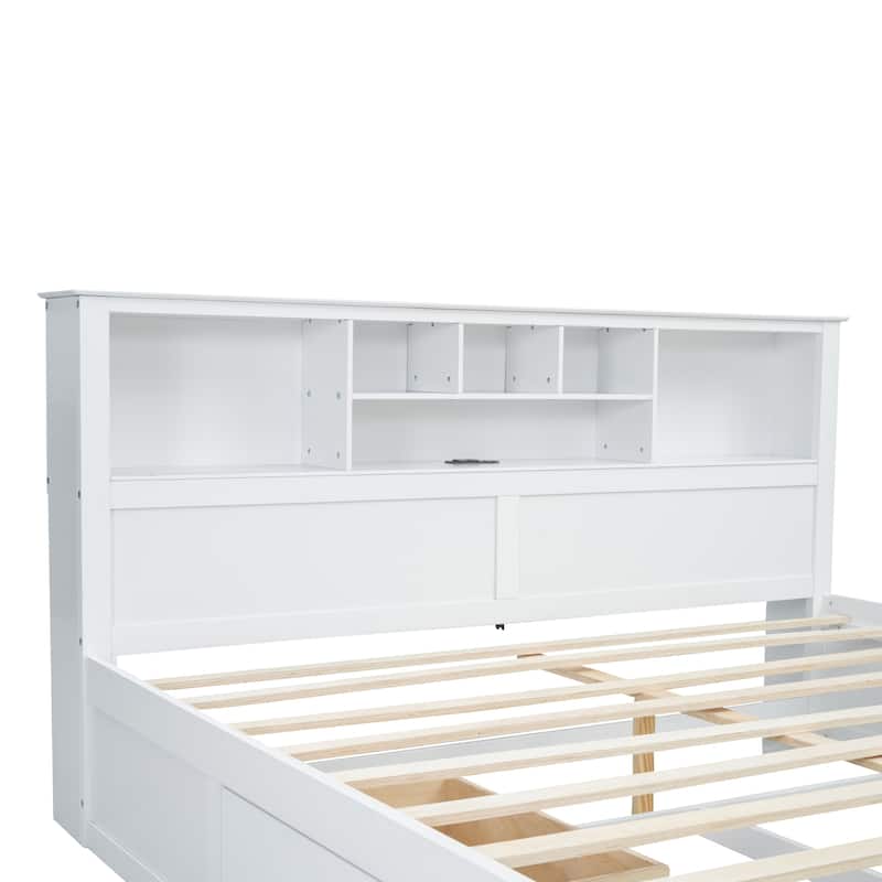 King Size Wood Platform Bed with Multi-storage Headboard & USB and Drawers