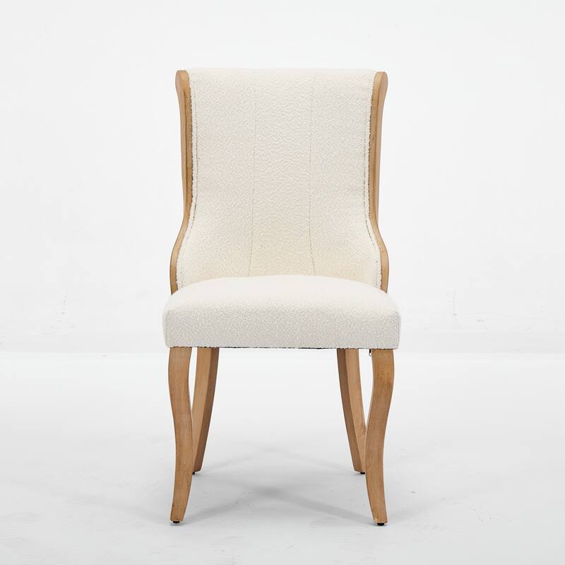 Snow Velvet Dining Chairs, Mid-Century Style with Curved Wood Trim & Sculpted Legs, Set of 2, Beige