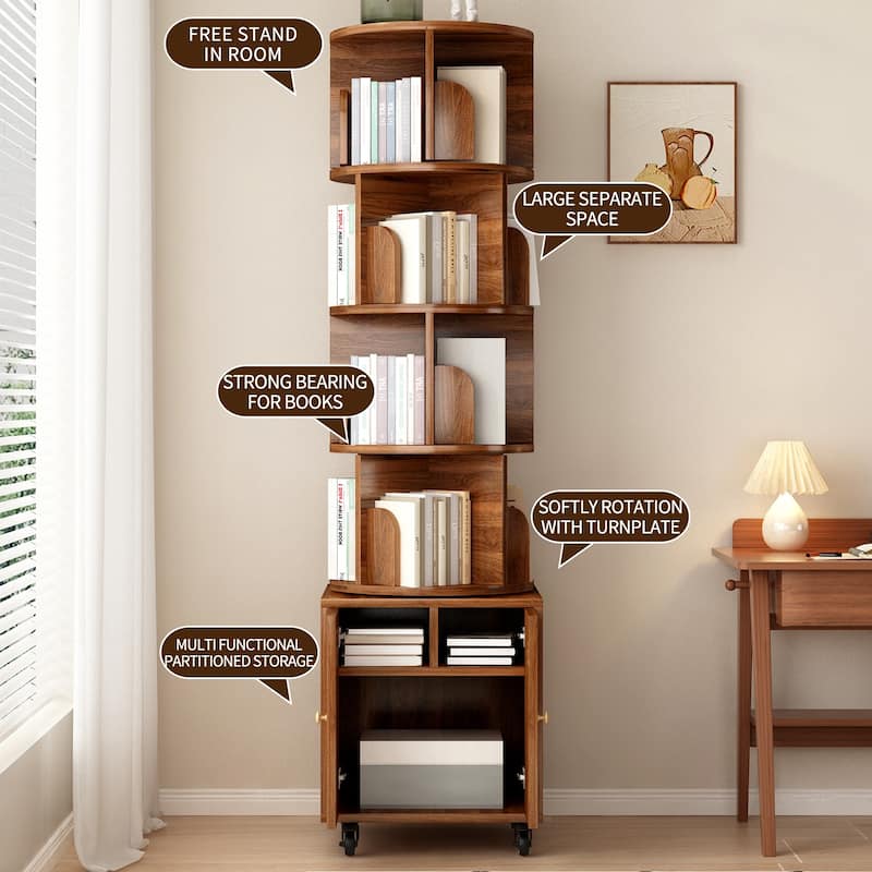 Anmytek 360 Rotating Corner Bookshelf with Wheels Space Saving Storage for Small Rooms