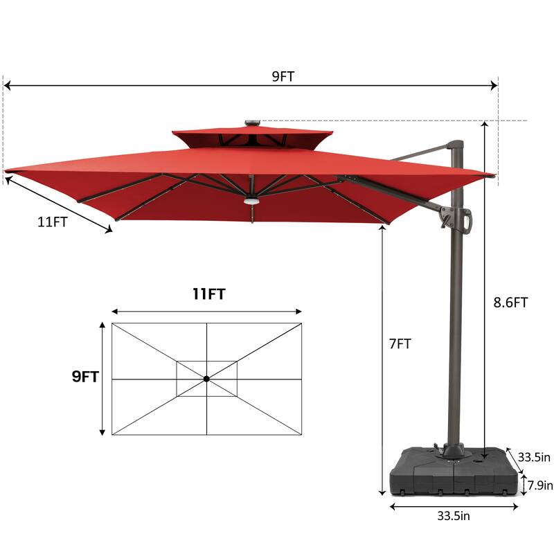 9 X 11 FT Outdoor Patio Cantilever Umbrella with Solar Lights Wheeled Base Double Canopy 360 Rotation Tilt