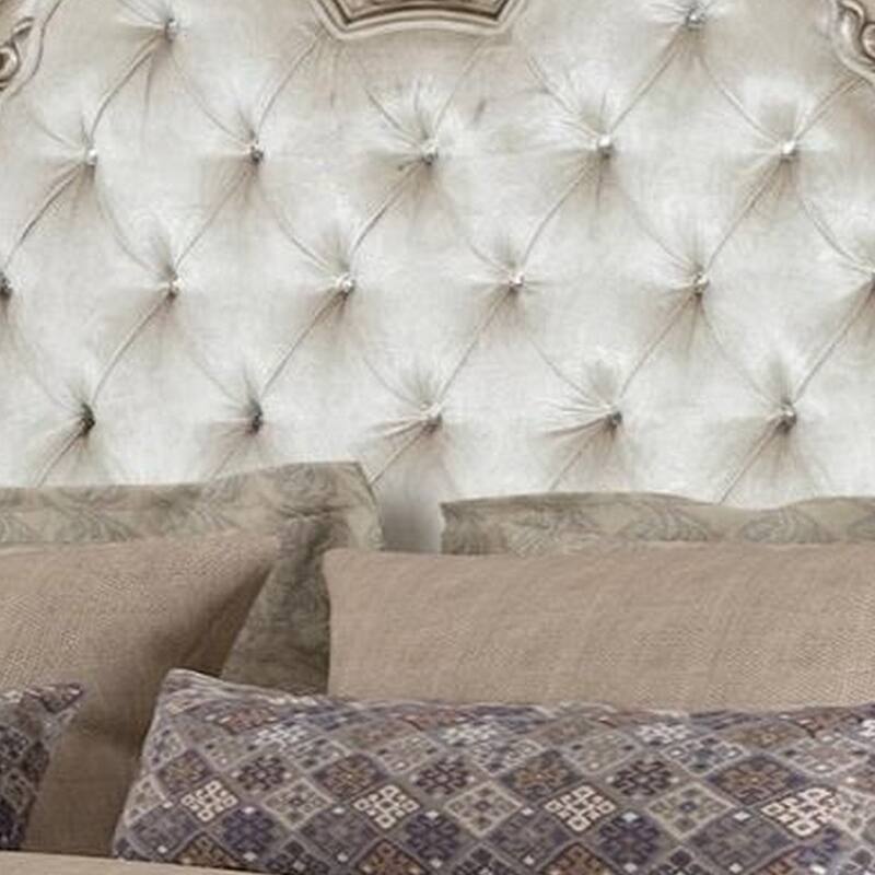 Moen King Size Bed, Tufted Polyester Upholstery, Carved Wood, Champagne