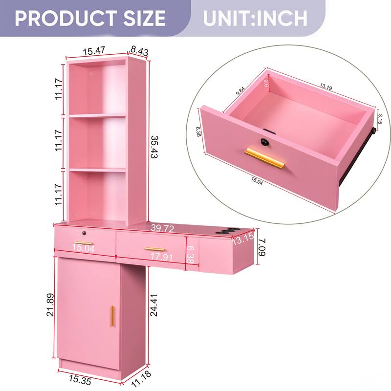 Wall Mount Makeup Vanity Dressing Table,Drawers & Hair Dryer Holder - W39.76*D13.19*H66.93