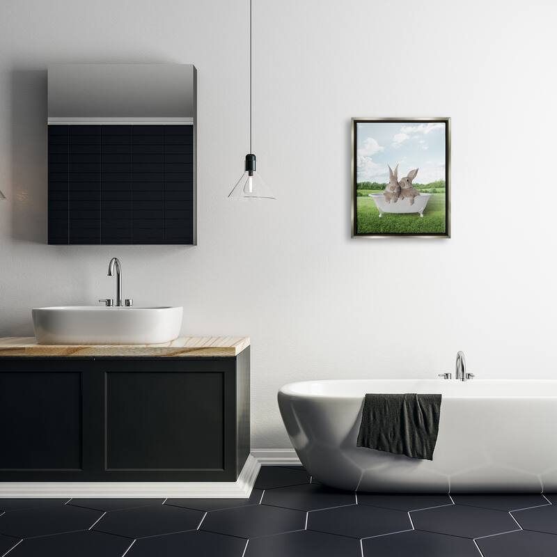 Stupell Bunnies in Tub Landscape Framed Floater Canvas Wall Art Design by Lettered and Lined