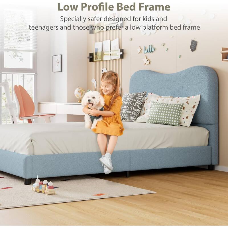 Kids Upholstered Platform Bed, Soft Boucle Fabric with Low Profile Frame & Wood Slats, Boys/Girls Bedroom