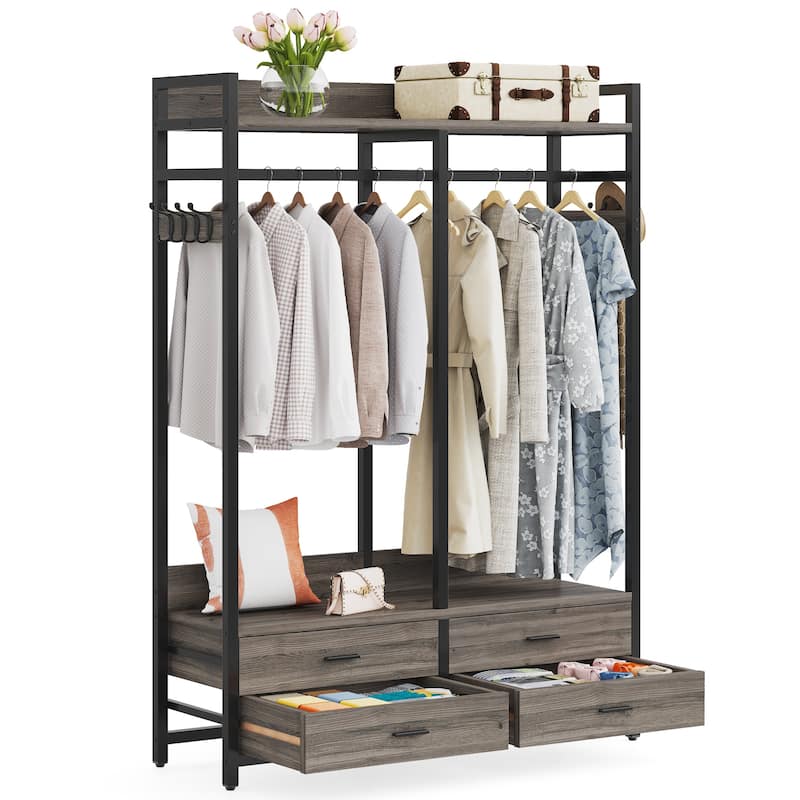 47.2" W Freestanding Closet Organizer for Hanging Clothes, Heavy Duty Garment Rack with 4 Drawers, 8 Hooks and Storage Shelves