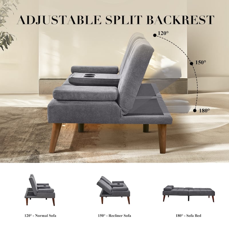 ​65" Futon Sofa Bed - Adjustable, Dual Cup Holders, Space-Saving for Small Rooms​