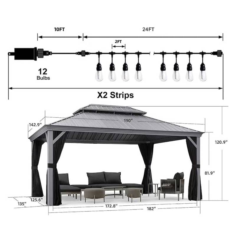 PURPLE LEAF Patio Gazebo for Backyard Hardtop Galvanized Steel Frame with Upgrade Curtain and Light - Light Grey