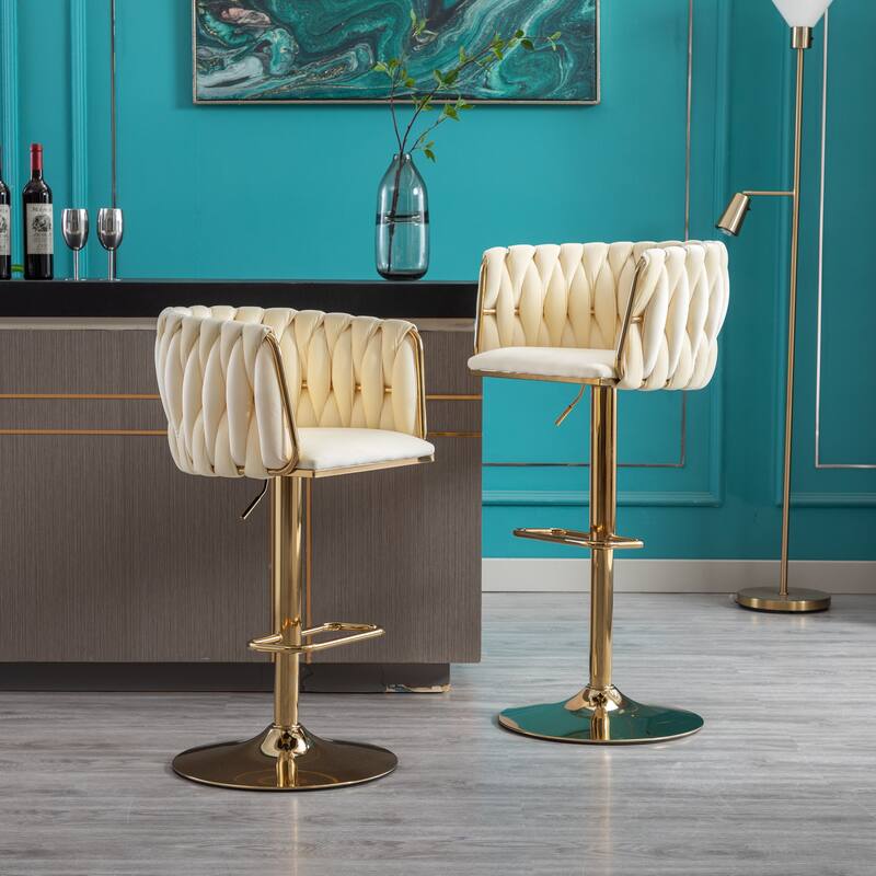 Set of 2 Bar Stools,with Chrome Footrest and Base Swivel Height Adjustable Mechanical Lifting Velvet + Golden Leg