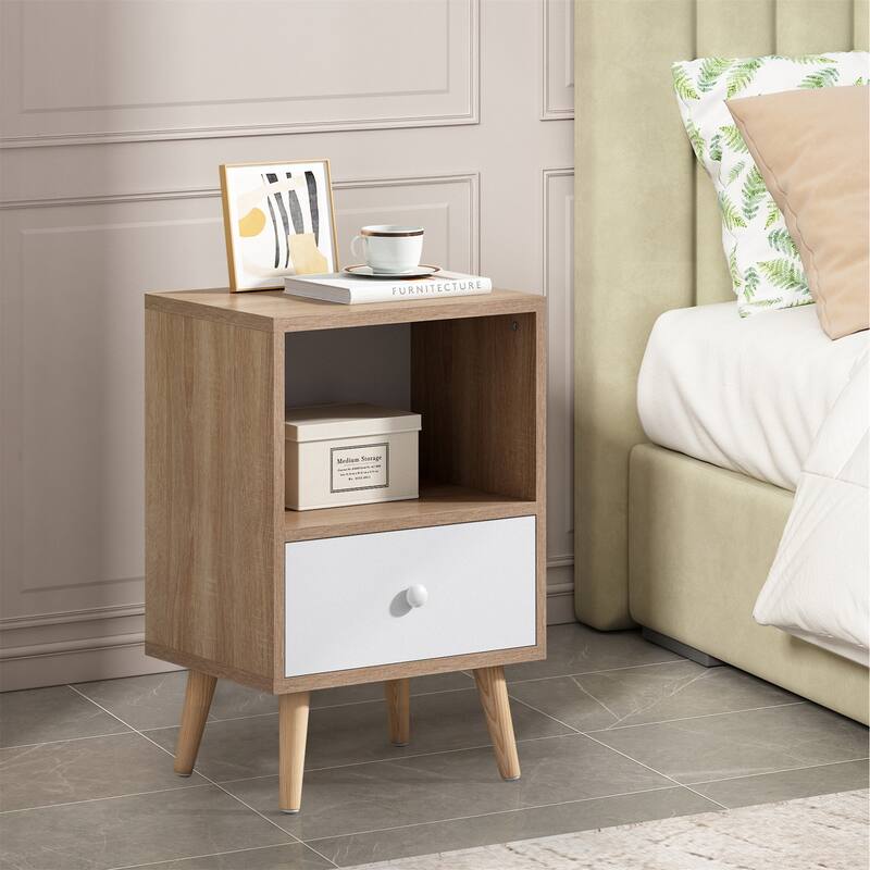 Wood Nightstand Set of 2, Bed Sofa Side Table with Drawer and Shelf