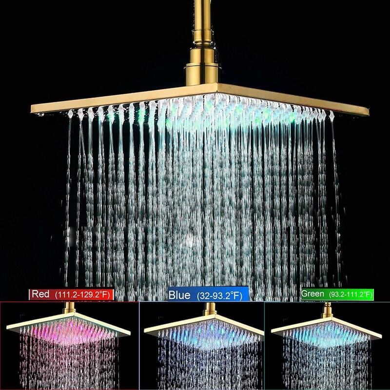 16" LED Wall Mount Rainfall 3 Way Thermostatic Shower System with Slide Bar, 6 Jets
