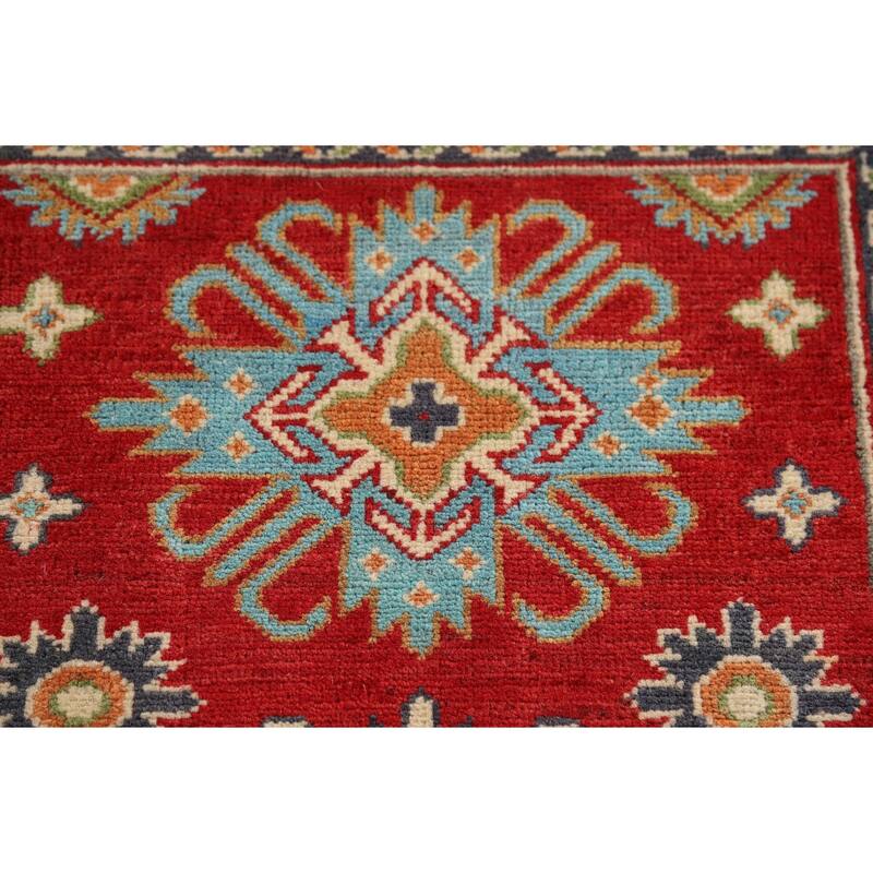 Red Kazak Foyer Rug Handmade Geometric Wool Carpet - 2'9" x 3'10"