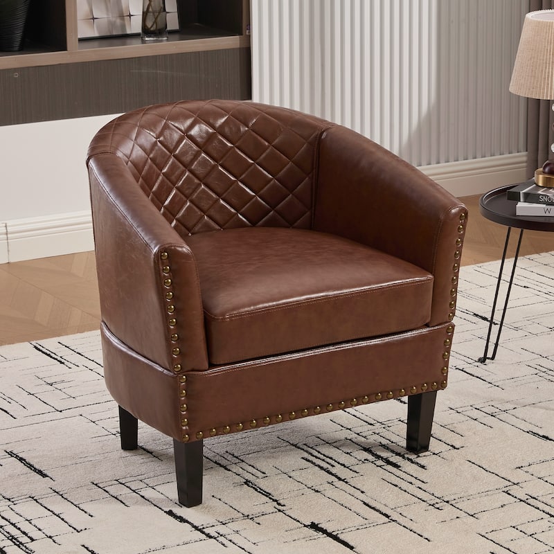 HOMEFUN Leather Upholstered Nailhead Wooden Frame Barrel Club Chair with Solid Woood Legs - Brown-PU