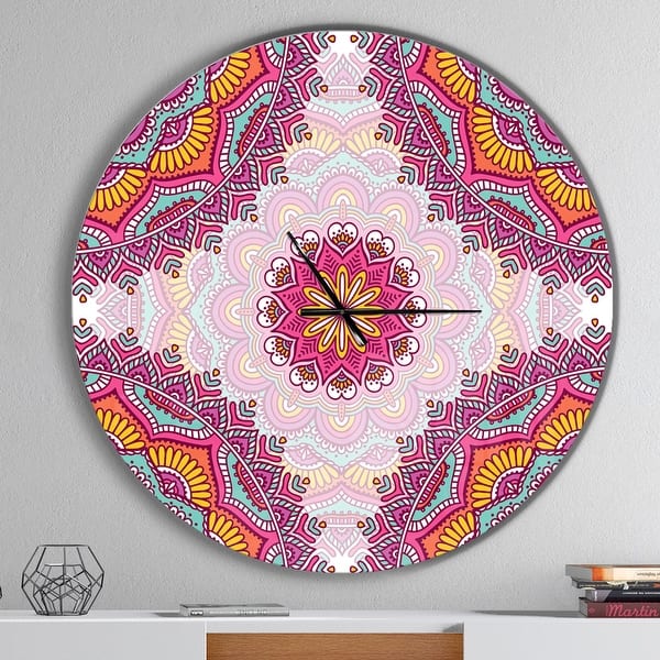 slide 2 of 10, Designart 'Ethnical Pink Floral Mandala' Oversized Contemporary Wall CLock 36 in. wide x 36 in. high