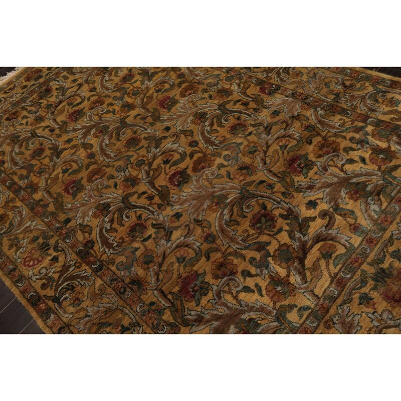 Agra Traditional Botanical Plush Pile Gold Wash Silky Sheen 5'11''x9 Hand Knotted New Zealand Wool Gold Rug - 5' 11'' x 9'