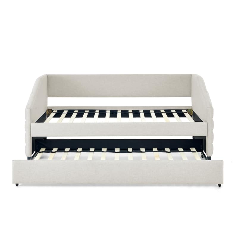 Linen Fabric Upholstered Daybed with Pull-Out Trundle or Storage Drawers, Tufted Sofa Bed Frame with Wood Slat Support