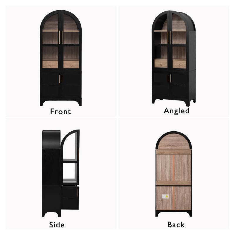 Farmhouse Arched Pantry Cabinet - 71" Tall Kitchen Storage with Adjustable Shelves, Glass Door & Hidden Drawer