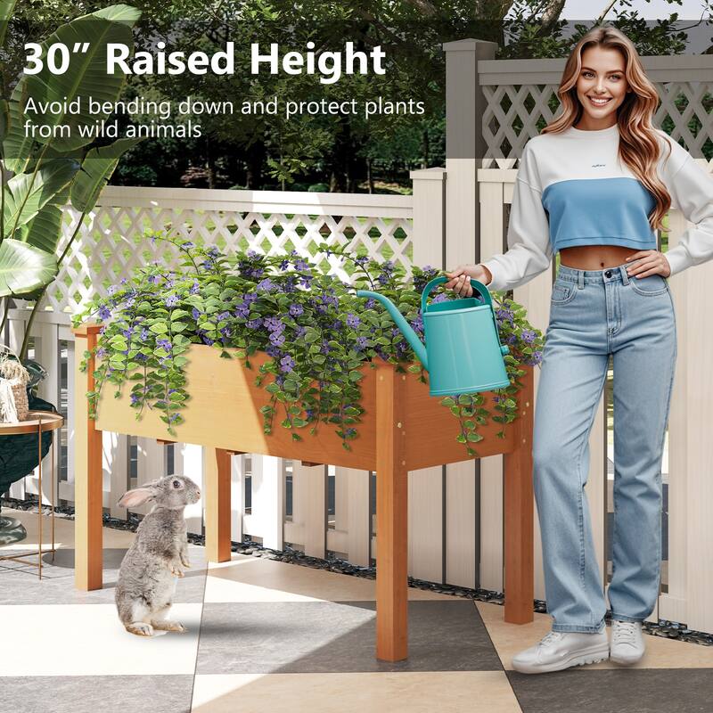 Gymax Raised Garden Bed Elevated Fir Wood Planter Box w/ Drain Hole