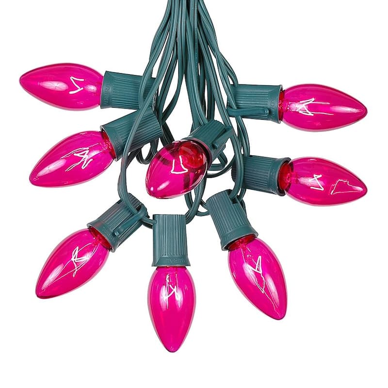 25 Foot C9 Christmas Light Set, Hanging Patio String Lights, Green Wire - Pink