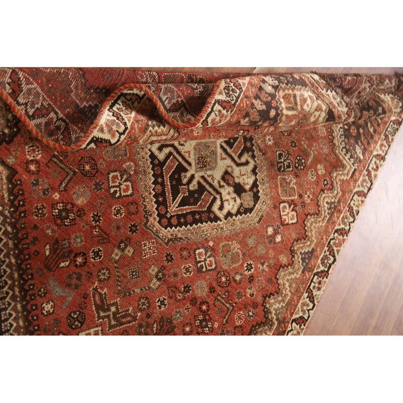 Tribal Qashqai Persian Vintage Area Rug Handmade Orange Wool Carpet - 3'8"x 5'7"