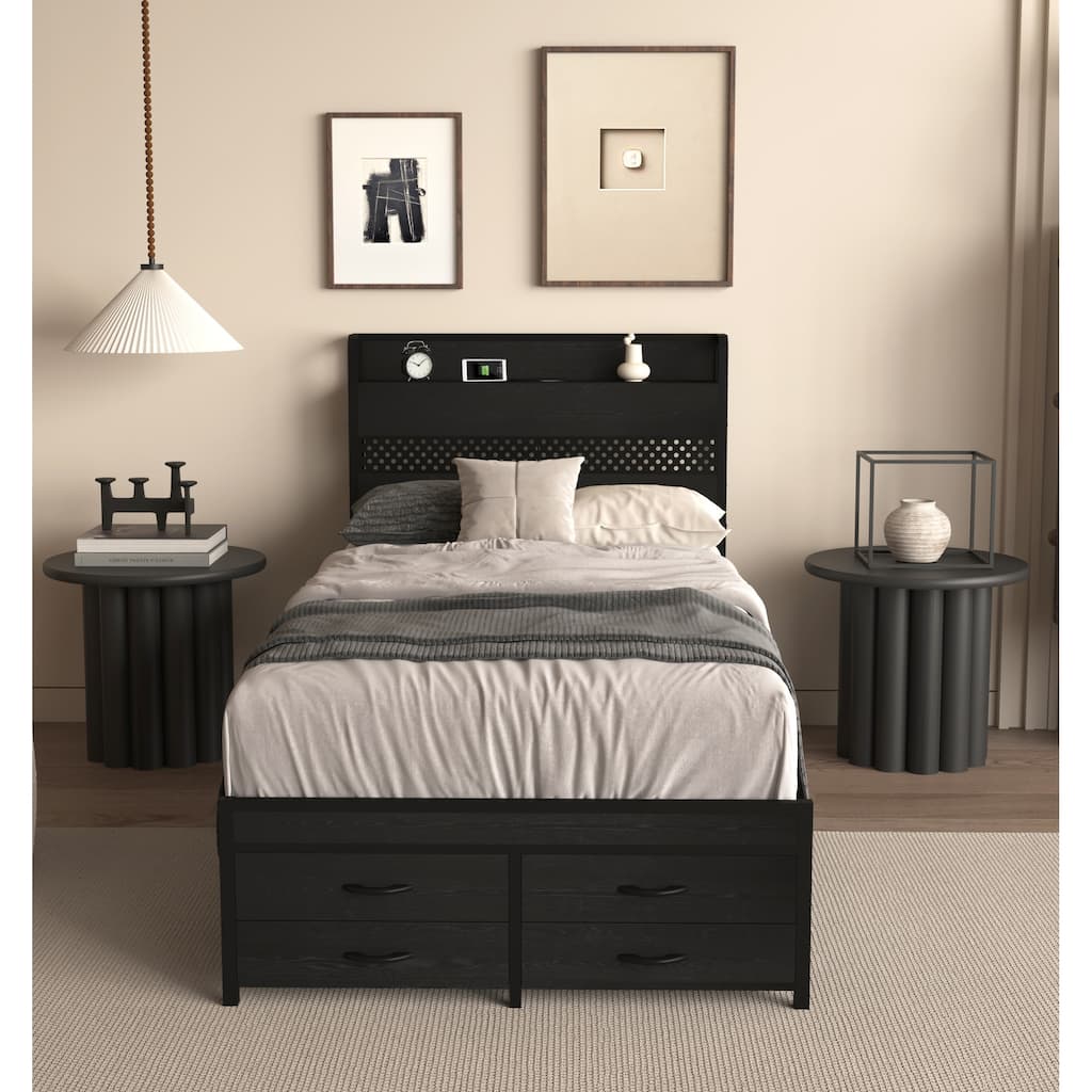 Storage Twin Bed Frame with Headboard Shelf, Outlets & USB Ports, 4 Underbed Drawers, Smart LED Light, Metal Platform Bed Frame