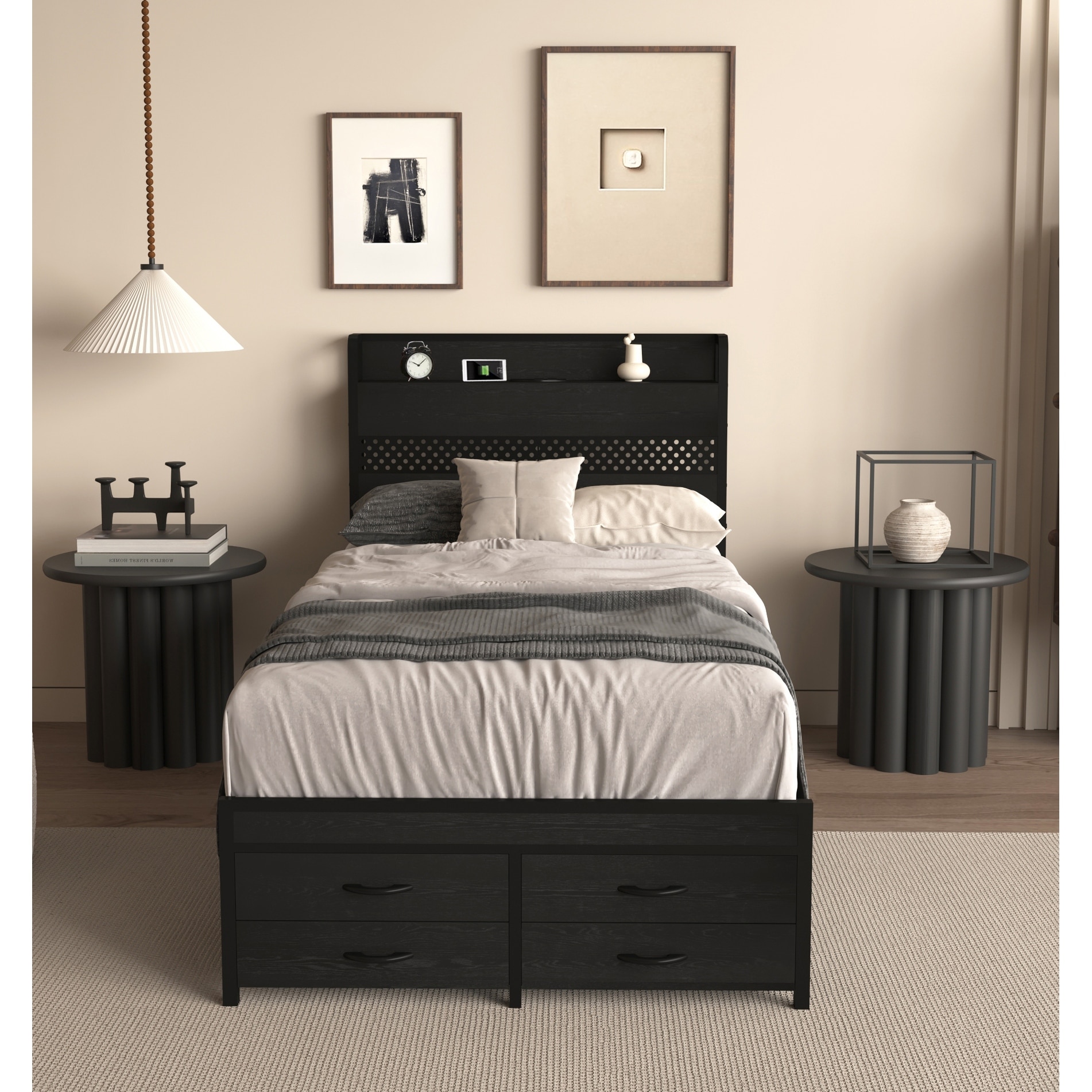 Storage Twin Bed Frame with Headboard Shelf, Outlets & USB Ports, 4 Underbed Drawers, Smart LED Light, Metal Platform Bed Frame