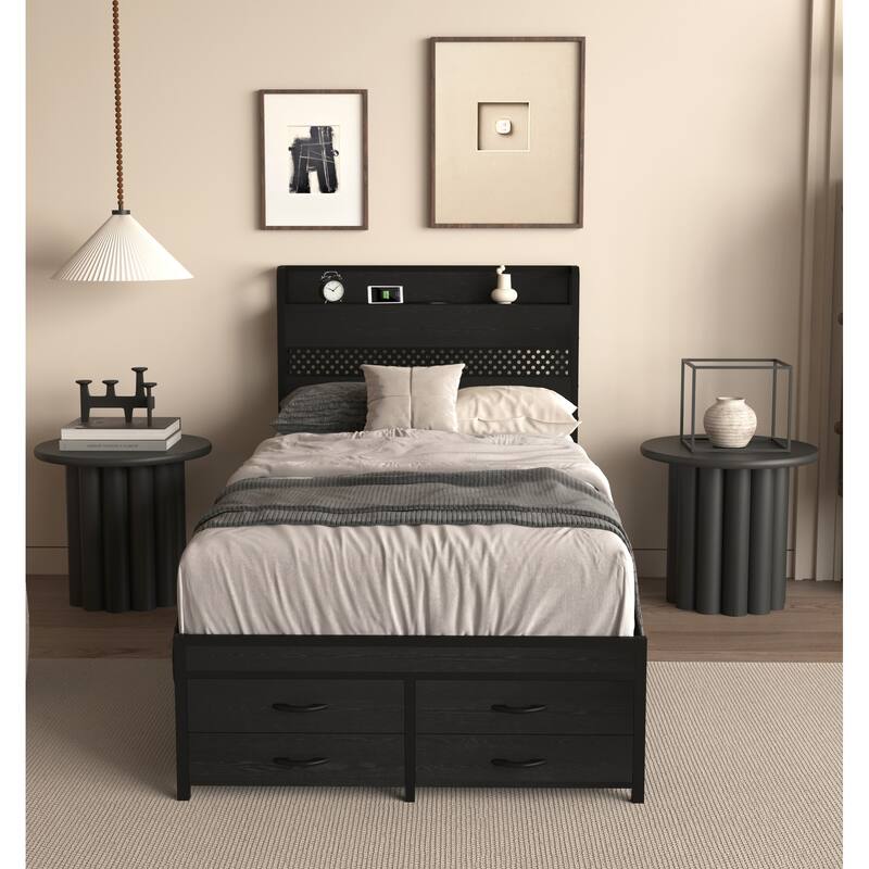 Twin Size Metal Platform Storage Bed Frame with Lights Strips Headboard, Charging Station 2 Plug Outlets 2 USB Ports 4 Drawers