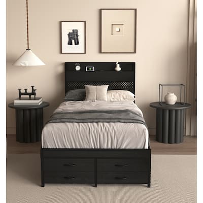 Twin Size Storage Bed Frame with 4 Drawers, Heavy Duty Metal Platform Bed, Smart LED Headboard with Charging Station