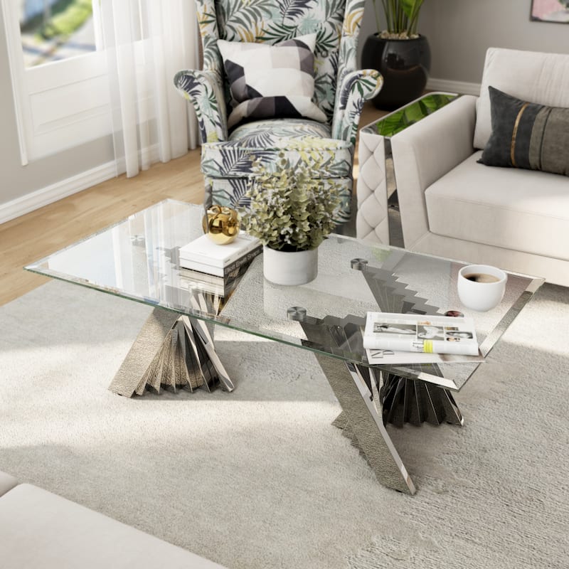 Clear Tempered Glass Coffee Table with Silver Stainless Steel Base for Living Room