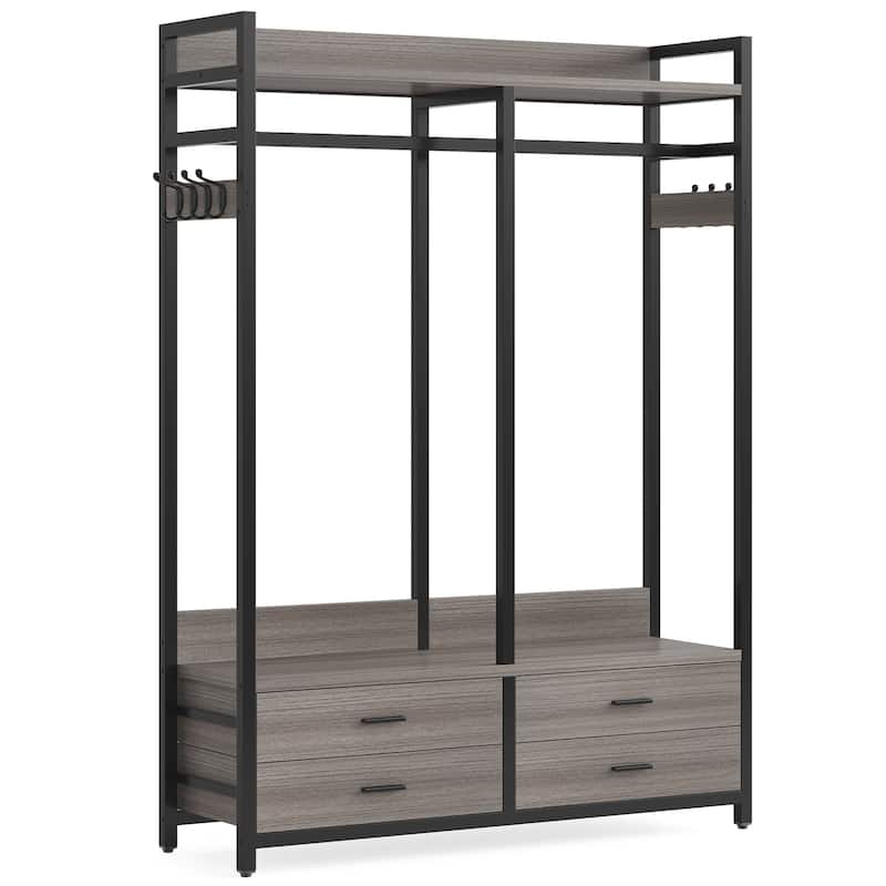 Freestanding Closet Organizer, Clothing Rack with 4 Drawers, 8 Hooks and Storage Shelves - Grey