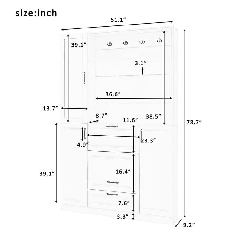 51.1" 3-in-1 Entryway Storage Bench‌ – Shoe Cabinet, Mirrored Door & Foldable Seat with 4 Heavy-Duty Hooks