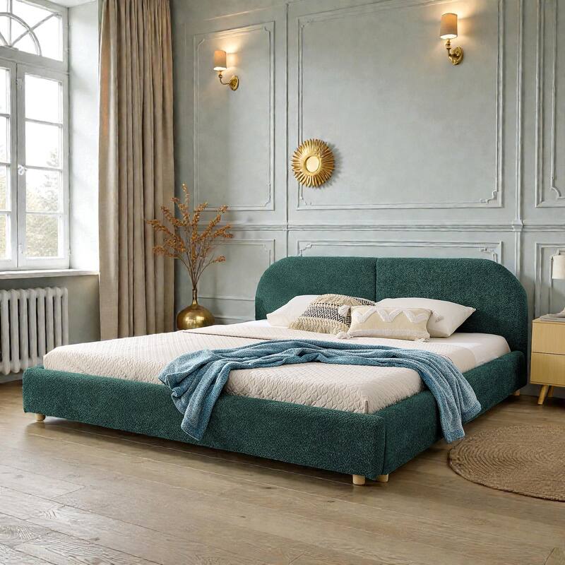 Upholstered Bed Frame with Tall Curved Headboard, Premium Circle Yarn Fabric, Modern Minimalist Platform Bed - Green - King
