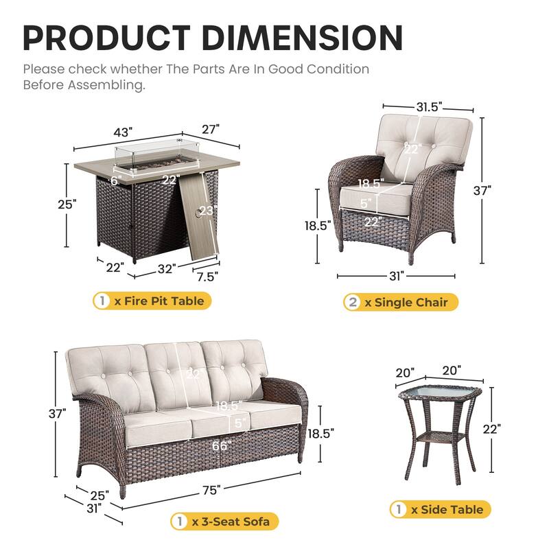 Gymojoy 5-Piece Outdoor Wicker Patio Furniture Sofa Set with 55,000 BTU Fire Pit Table, Thick Cushions