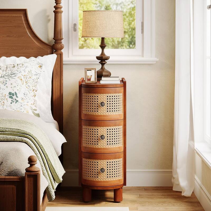 10.62" Narrow Rattan 3-Drawer End Table, Walnut & Oak Slim Nightstand, No Assembly, Sofa Side Table for Bedroom, Living Room - Brown Oak