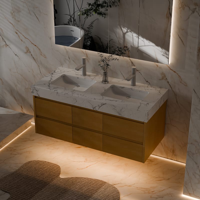 Modland 48" Wall-Mount Double Vanity with LED Lights & 6 Soft-Close Drawers - Engineered Stone Top, Maple Finish - 48 inch