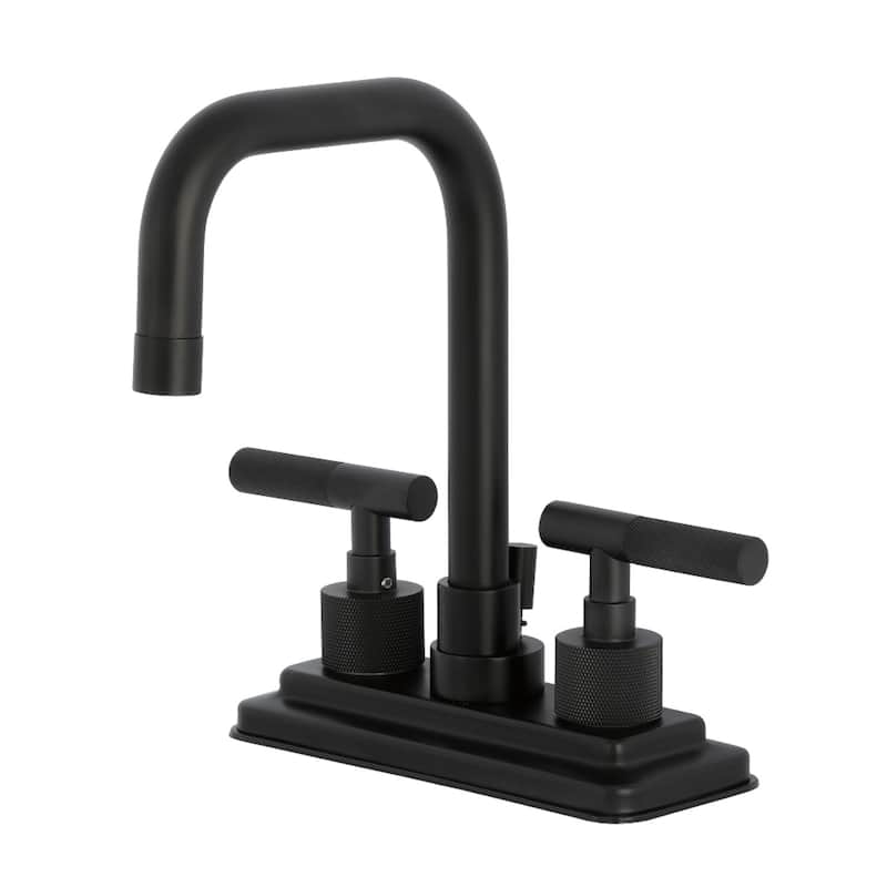 Kingston Brass Convergent Two-Handle 3-Hole Deck Mount 4" Centerset Bathroom Faucet with Knurled Handle and Brass Pop-Up Drain - Matte Black