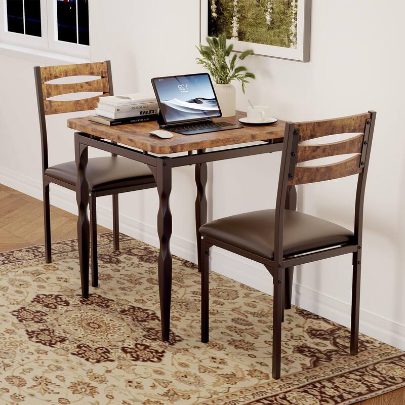 3 Piece Dining Table Set, with Spiral Legs - Rustic Brown