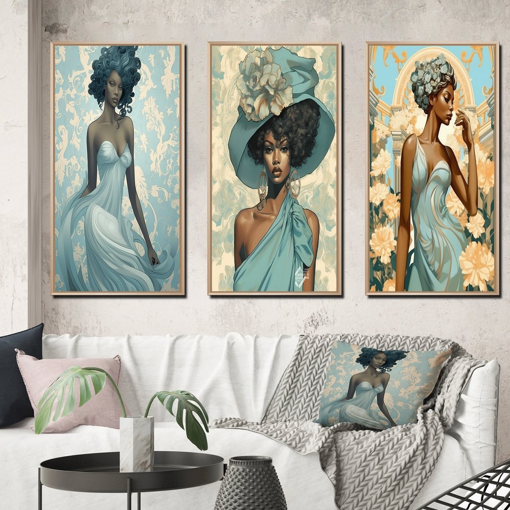 Designart "Gorgeous African American Retro Glam Beauty VII" African American Woman Framed Wall Art Set Of 3 Home Decor