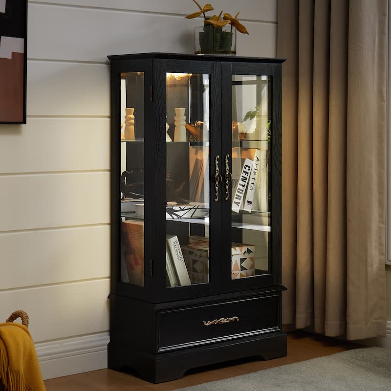 Elegant Lighted Curio Cabinet With Customizable Shelving - Two Glass Doors, Built-In Storage Drawer .